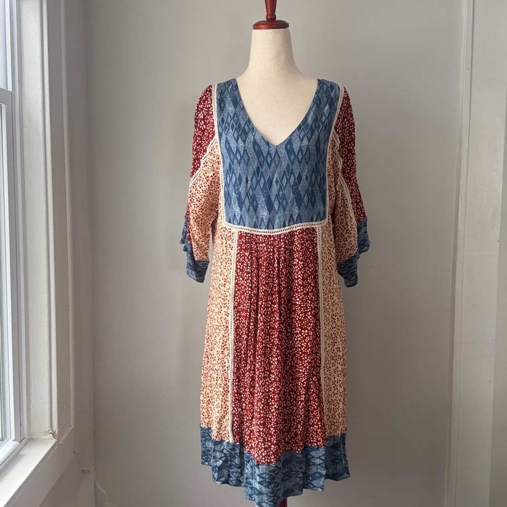 blue Tassel Elegant Patchwork Dress Size Small 3/4 Sleeve in Blue